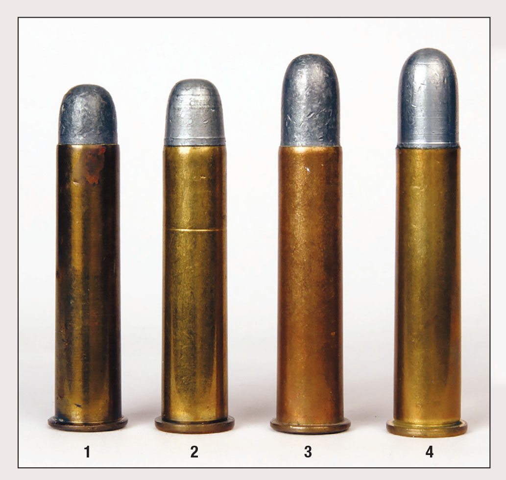 Mike’s 45-70 handloads for his Model 1873 “trapdoor” have been devised to duplicate the original 45-70 ballistics: (1) an early black powder 45-70 with a 405-grain bullet, (2) Mike’s handload with a 390-grain bullet from Lyman mould No. 457124, (3) an early black powder 45-70 with a 500-grain bullet and (4) Mike’s handload with a 520-grain bullet from Lyman mould No. 457125.